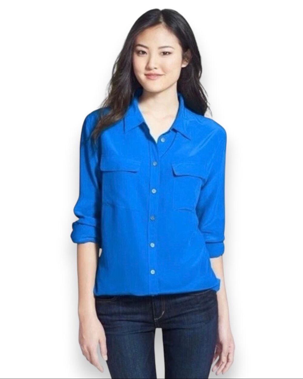 Two by Vince Camuto Blue 100% Silk Utility Button Down Long Sleeve Blouse Size M